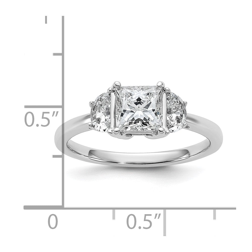 14K White Gold 3/8 carat Lab Grown Diamond VS/SI+ G+ Half Moon 1 carat Princess Center Semi Mount Three Stone Engagement Ring