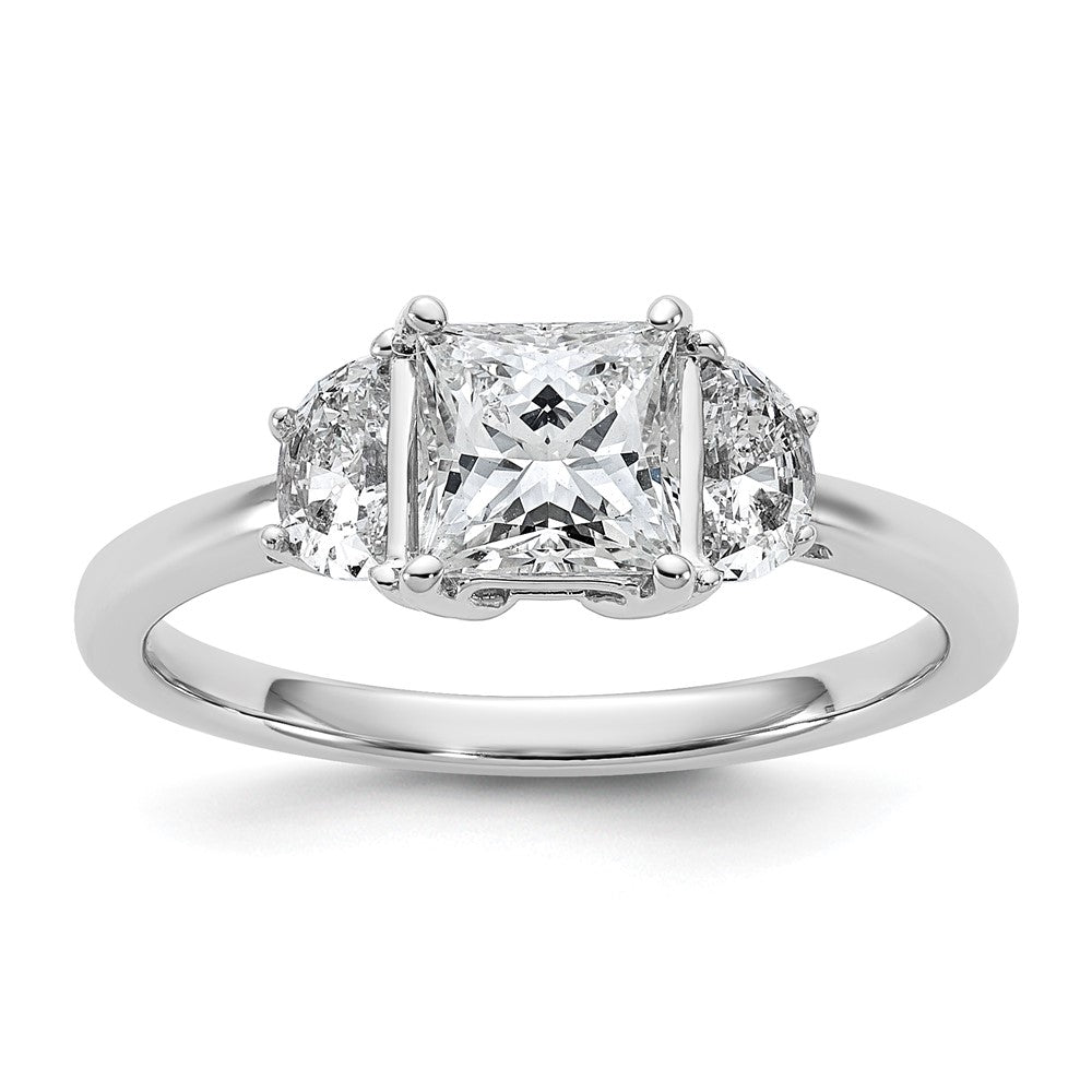 14K White Gold 1 3/8 carat Certified Lab Grown Diamond VS/SI+ G+ Princess and Half Moon Complete Three Stone Engagement Ring