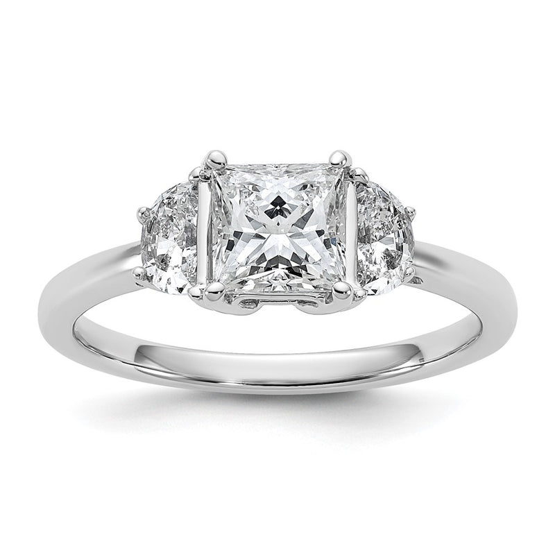 14K White Gold 3/8 carat Lab Grown Diamond VS/SI+ G+ Half Moon 1 carat Princess Center Semi Mount Three Stone Engagement Ring