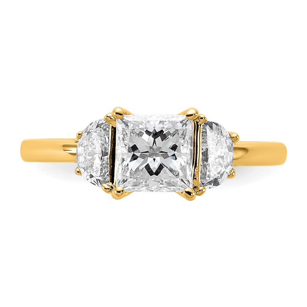 14K Yellow Gold 3/8 carat Lab Grown Diamond VS+ F+ Half Moon 1 carat Princess Center Semi Mount Three Stone Engagement Ring