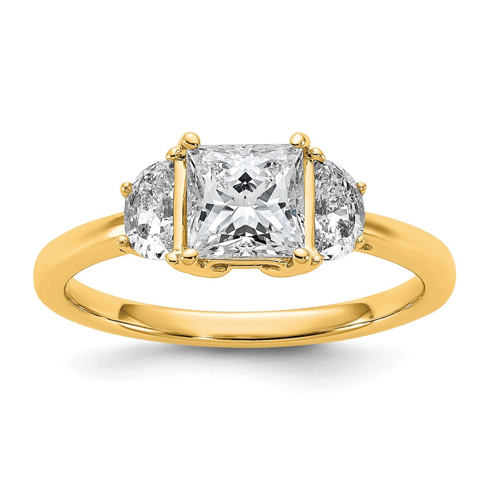 14K Yellow Gold 3/8 carat Lab Grown Diamond VS/SI+ G+ Half Moon 1 carat Princess Center Semi Mount Three Stone Engagement Ring