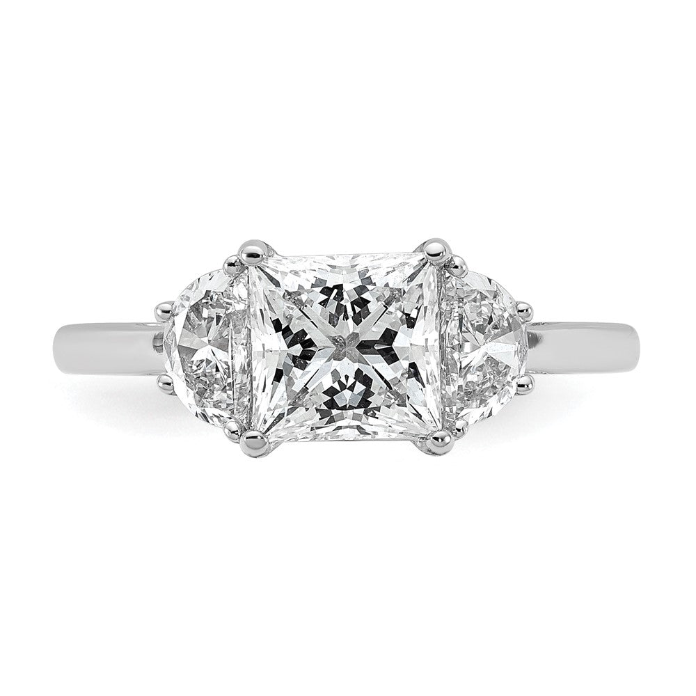 14K White Gold 2 carat Certified Lab Grown Diamond VS+ F+ Princess and Half Moon Complete Three Stone Engagement Ring