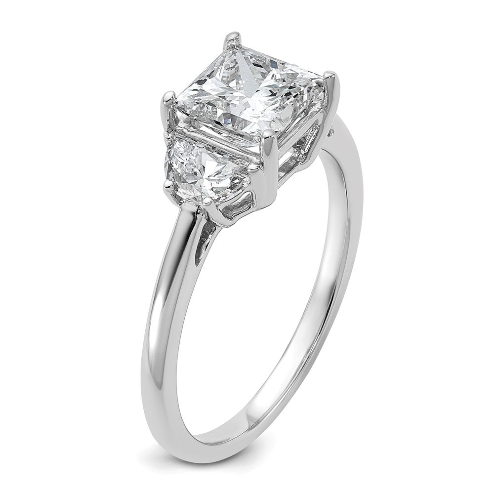 14K White Gold 1/2 carat Lab Grown Diamond VS+ F+ Half Moon 1 1/2 carat Princess Center Semi Mount Three Stone Engagement Ring