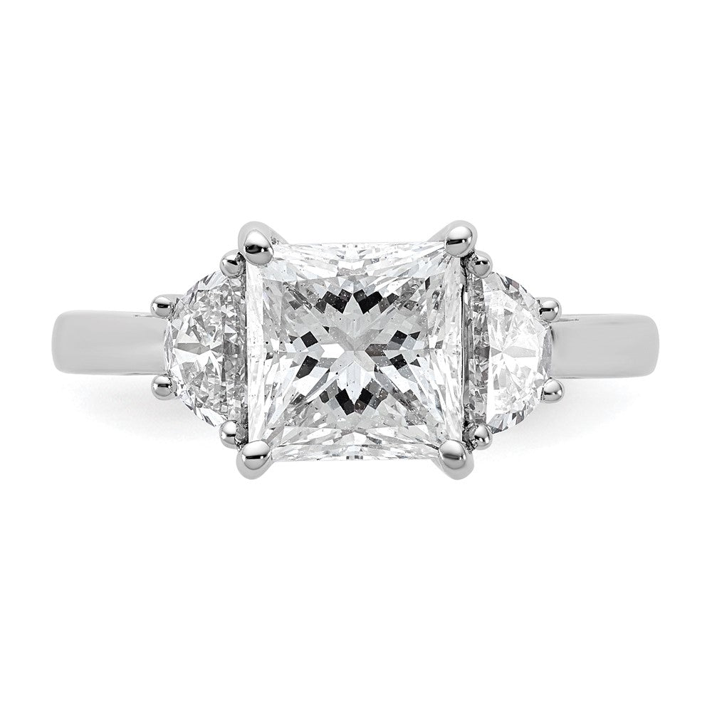 14K White Gold 1/2 carat Lab Grown Diamond VS+ F+ Half Moon 2 carat Princess Center Semi Mount Three Stone Engagement Ring