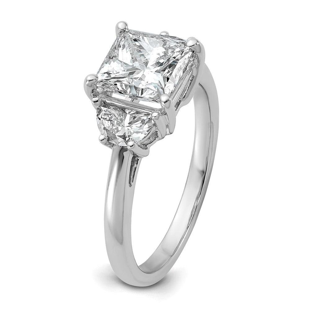 14K White Gold 2 1/2 carat Certified Lab Grown Diamond VS/SI+ G+ Princess and Half Moon Complete Three Stone Engagement Ring