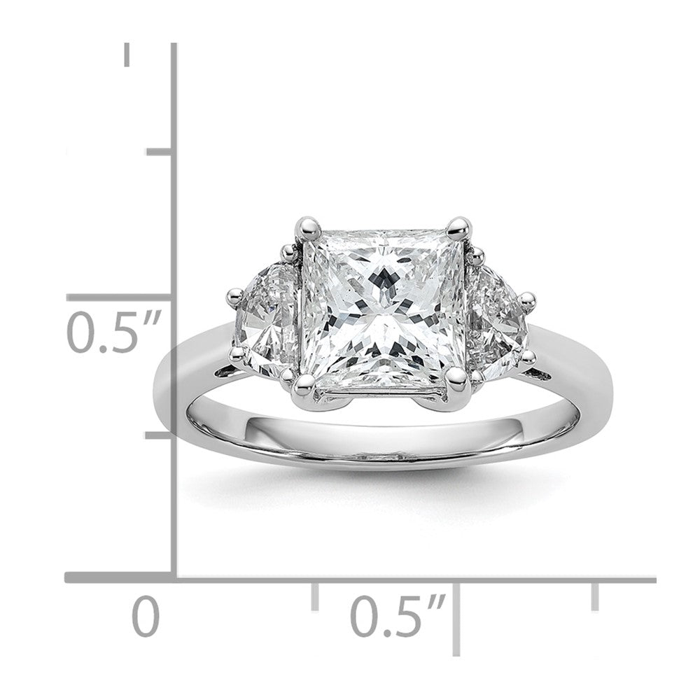 14K White Gold 2 1/2 carat Certified Lab Grown Diamond VS+ F+ Princess and Half Moon Complete Three Stone Engagement Ring
