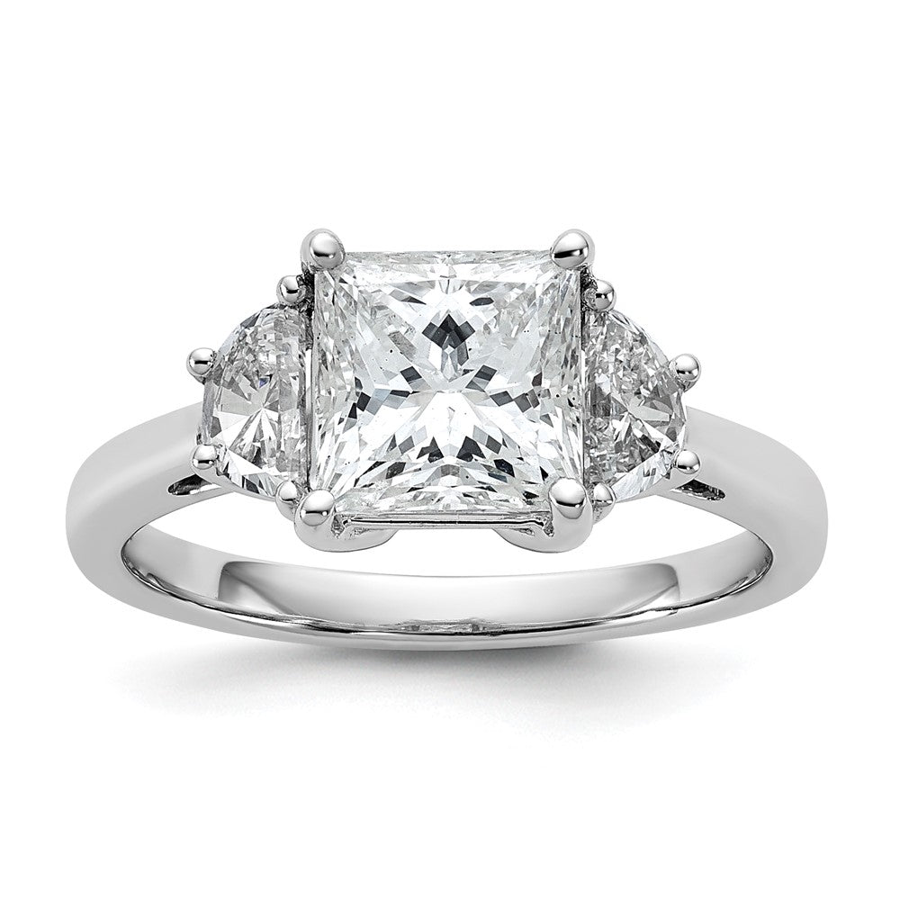 14K White Gold 2 1/2 carat Certified Lab Grown Diamond VS/SI+ G+ Princess and Half Moon Complete Three Stone Engagement Ring