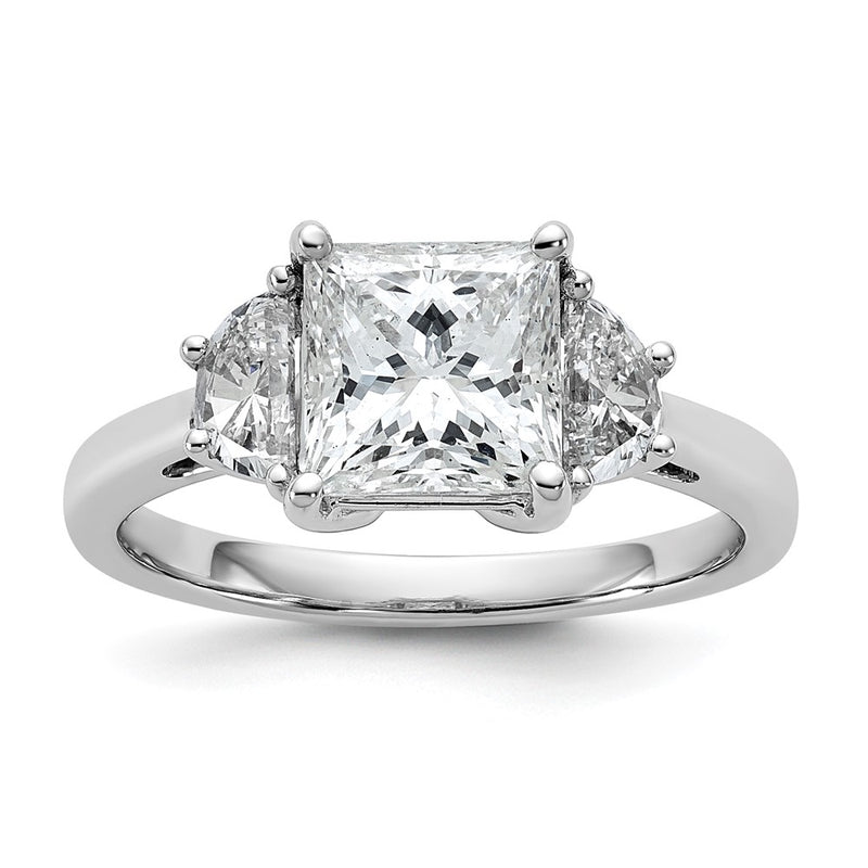 14K White Gold 2 1/2 carat Certified Lab Grown Diamond VS/SI+ G+ Princess and Half Moon Complete Three Stone Engagement Ring