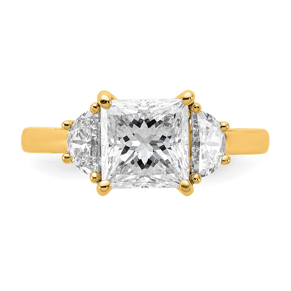 14K Yellow Gold 1/2 carat Lab Grown Diamond VS/SI+ G+ Half Moon 2 carat Princess Center Semi Mount Three Stone Engagement Ring