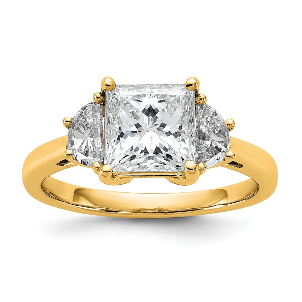 14K Yellow Gold 1/2 carat Lab Grown Diamond VS+ F+ Half Moon 2 carat Princess Center Semi Mount Three Stone Engagement Ring