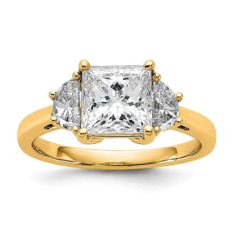 14K Yellow Gold 1/2 carat Lab Grown Diamond VS+ F+ Half Moon 2 carat Princess Center Semi Mount Three Stone Engagement Ring