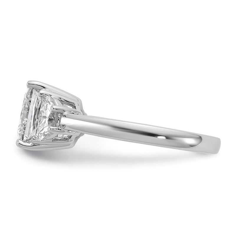 14K White Gold 5/8 carat Lab Grown Diamond VS+ F+ Half Moon 2 1/2 carat Princess Center Semi Mount Three Stone Engagement Ring