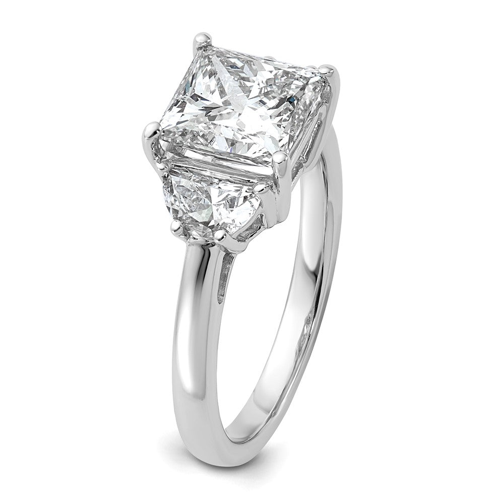 14K White Gold 5/8 carat Lab Grown Diamond VS+ F+ Half Moon 2 1/2 carat Princess Center Semi Mount Three Stone Engagement Ring