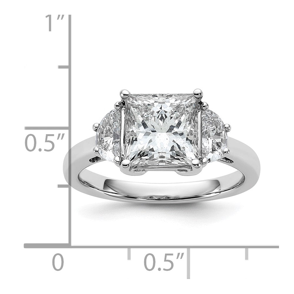 14K White Gold 3 1/8 carat Certified Lab Grown Diamond VS/SI+ G+ Princess and Half Moon Complete Three Stone Engagement Ring