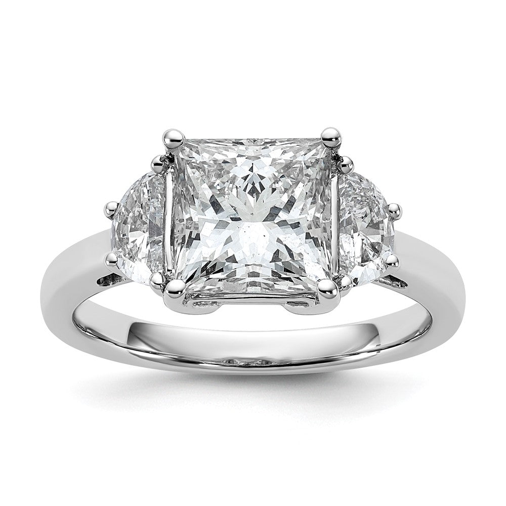 14K White Gold 5/8 carat Lab Grown Diamond VS/SI+ G+ Half Moon 2 1/2 carat Princess Center Semi Mount Three Stone Engagement Ring
