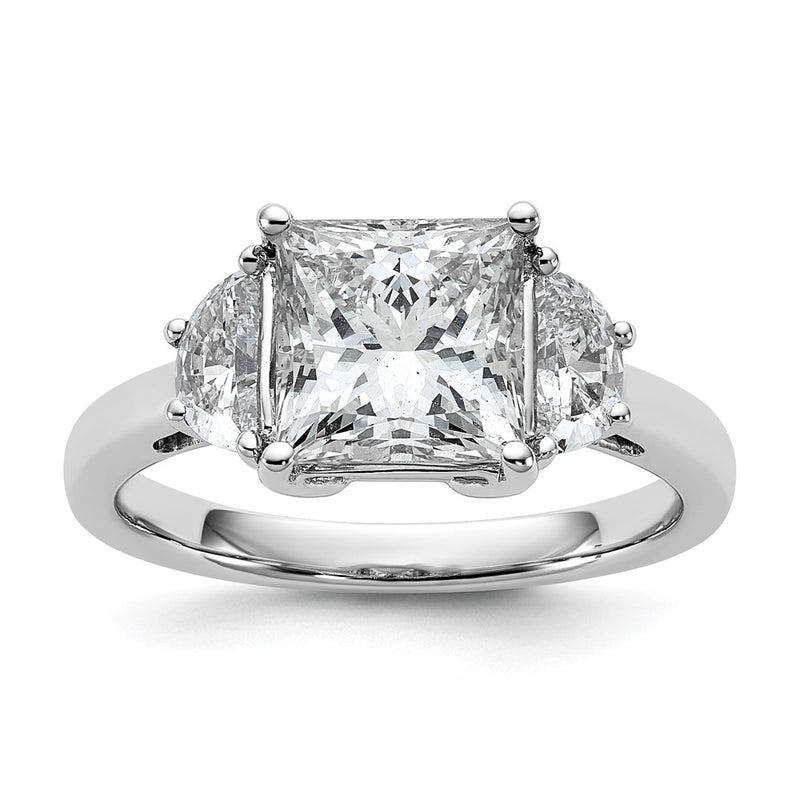 14K White Gold 5/8 carat Lab Grown Diamond VS/SI+ G+ Half Moon 2 1/2 carat Princess Center Semi Mount Three Stone Engagement Ring