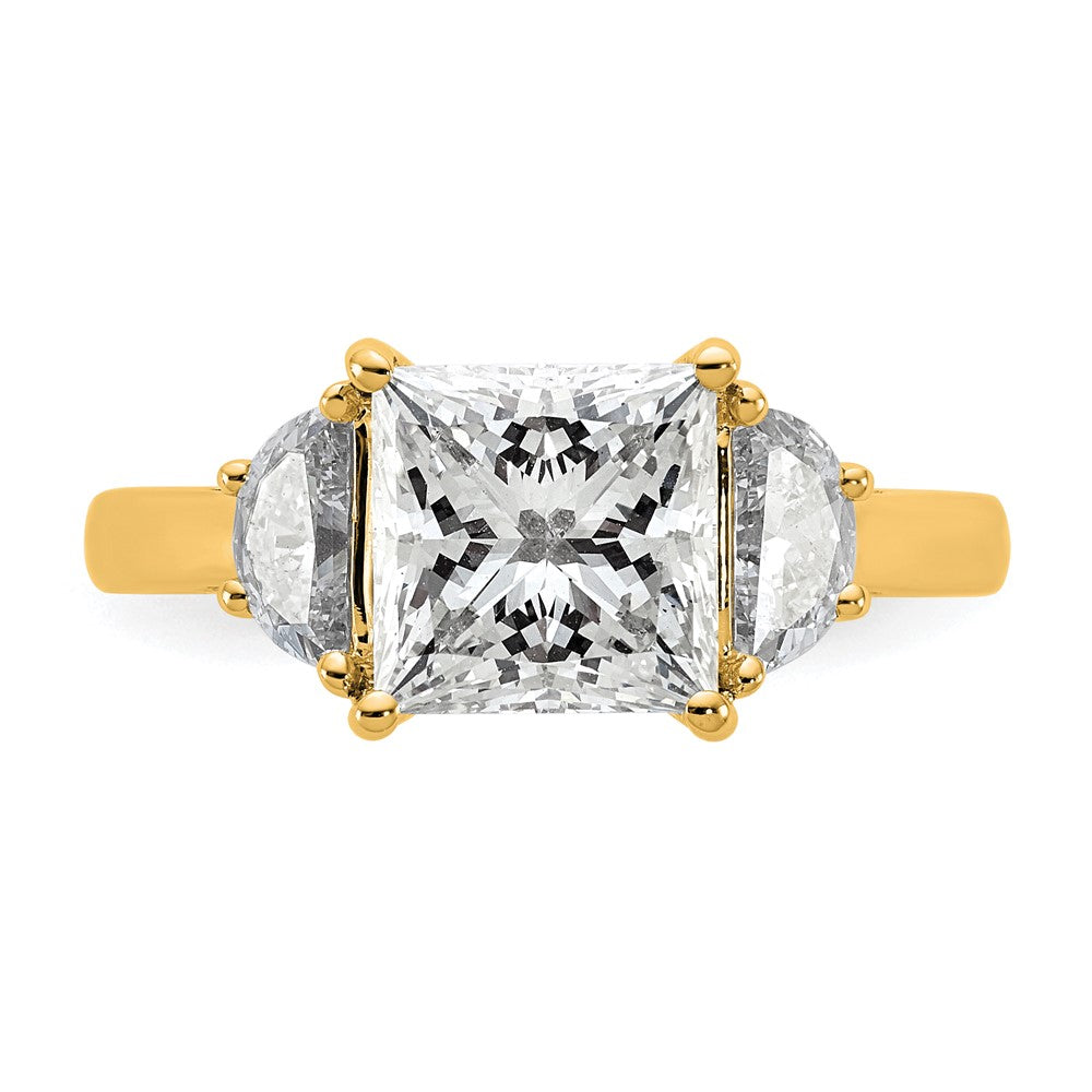 14K Yellow Gold 3 1/8 carat Certified Lab Grown Diamond VS+ F+ Princess and Half Moon Complete Three Stone Engagement Ring