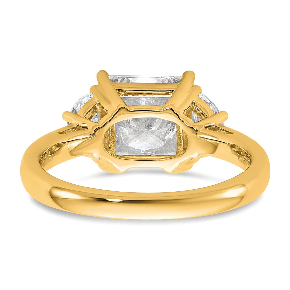 14K Yellow Gold 5/8 carat Lab Grown Diamond VS+ F+ Half Moon 2 1/2 carat Princess Center Semi Mount Three Stone Engagement Ring