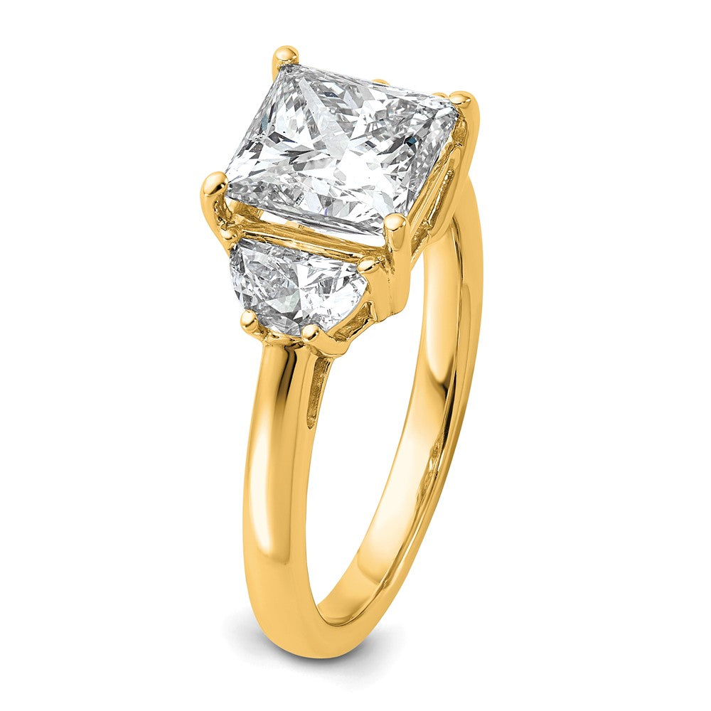 14K Yellow Gold 5/8 carat Lab Grown Diamond VS/SI+ G+ Half Moon 2 1/2 carat Princess Center Semi Mount Three Stone Engagement Ring