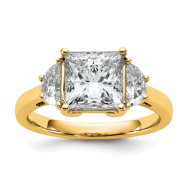 14K Yellow Gold 3 1/8 carat Certified Lab Grown Diamond VS+ F+ Princess and Half Moon Complete Three Stone Engagement Ring