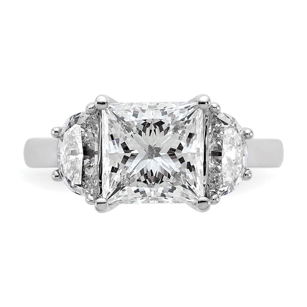 14K White Gold 4 carat Certified Lab Grown Diamond VS+ F+ Princess and Half Moon Complete Three Stone Engagement Ring