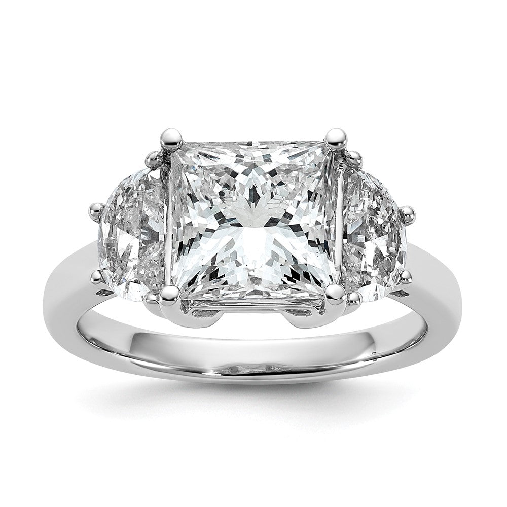 14K White Gold 1 carat Lab Grown Diamond VS/SI+ G+ Half Moon 3 carat Princess Center Semi Mount Three Stone Engagement Ring
