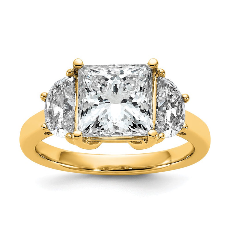 14K Yellow Gold 1 carat Lab Grown Diamond VS/SI+ G+ Half Moon 3 carat Princess Center Semi Mount Three Stone Engagement Ring