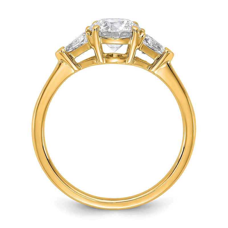 14K Yellow Gold 1/2 carat Lab Grown Diamond VS/SI+ G+ Triangle 1 carat Round Semi Mount Three Stone Engagement Ring