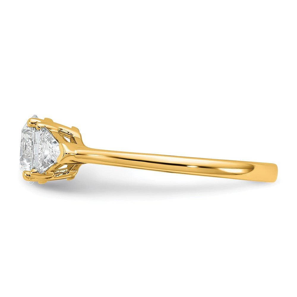 14K Yellow Gold 1 1/2 carat Certified Lab Grown Diamond VS+ F+ Round and Triangle Complete Three Stone Engagement Ring