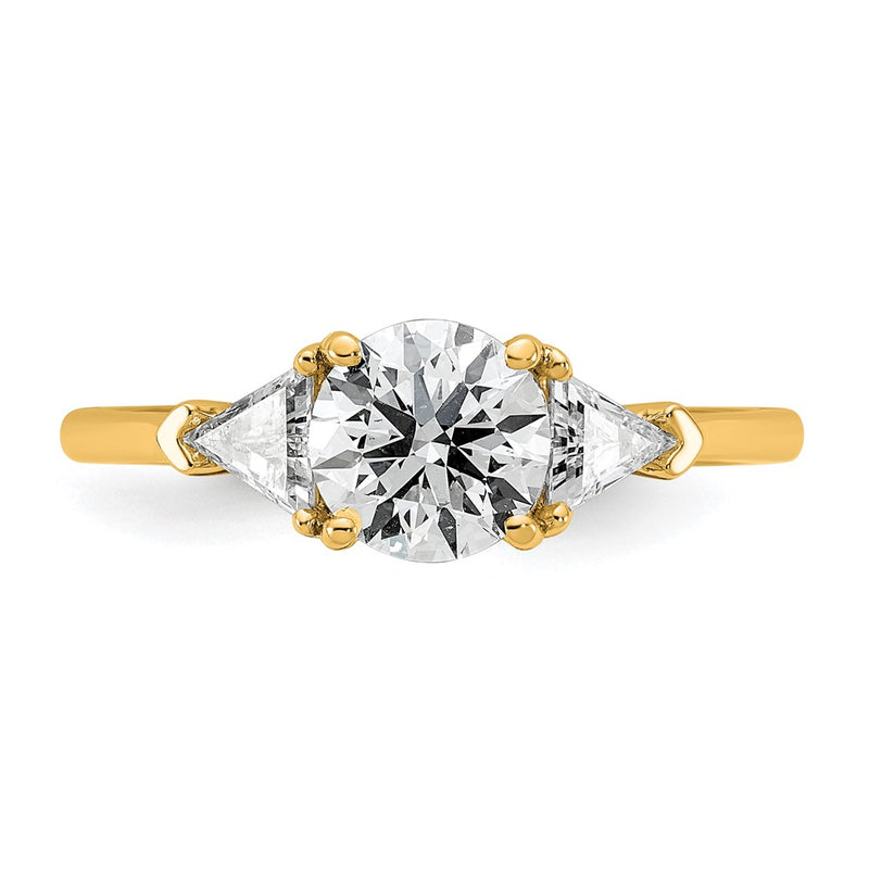 14K Yellow Gold 1/2 carat Lab Grown Diamond VS/SI+ G+ Triangle 1 carat Round Semi Mount Three Stone Engagement Ring