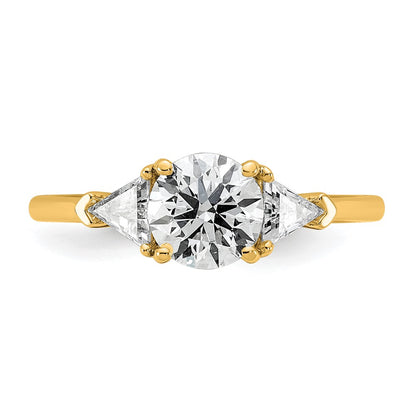 14K Yellow Gold 1 1/2 carat Certified Lab Grown Diamond VS+ F+ Round and Triangle Complete Three Stone Engagement Ring