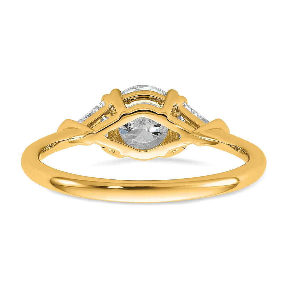 14K Yellow Gold 1/2 carat Lab Grown Diamond VS/SI+ G+ Triangle 1 carat Round Semi Mount Three Stone Engagement Ring