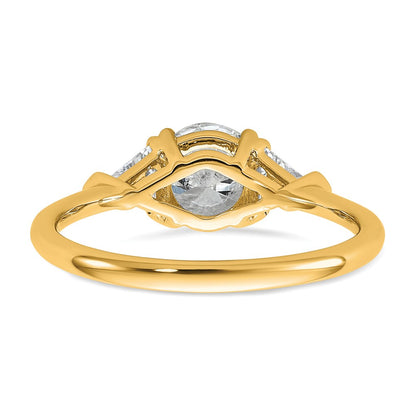 14K Yellow Gold 1/2 carat Lab Grown Diamond VS+ F+ Triangle 1 carat Round Semi Mount Three Stone Engagement Ring