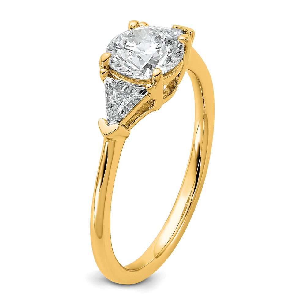 14K Yellow Gold 1 1/2 carat Certified Lab Grown Diamond VS/SI+ G+ Round and Triangle Complete Three Stone Engagement Ring