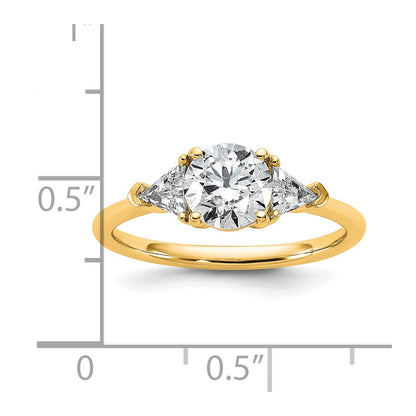 14K Yellow Gold 1/2 carat Lab Grown Diamond VS+ F+ Triangle 1 carat Round Semi Mount Three Stone Engagement Ring