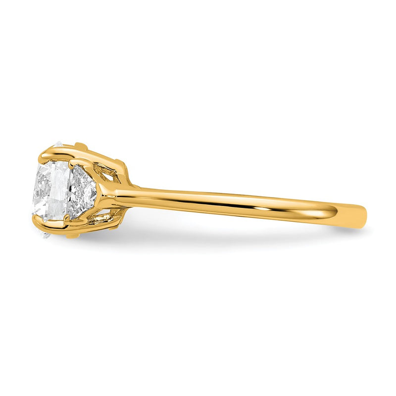 14K Yellow Gold 1/2 carat Lab Grown Diamond VS/SI+ G+ Triangle 1 1/2 carat Round Semi Mount Three Stone Engagement Ring