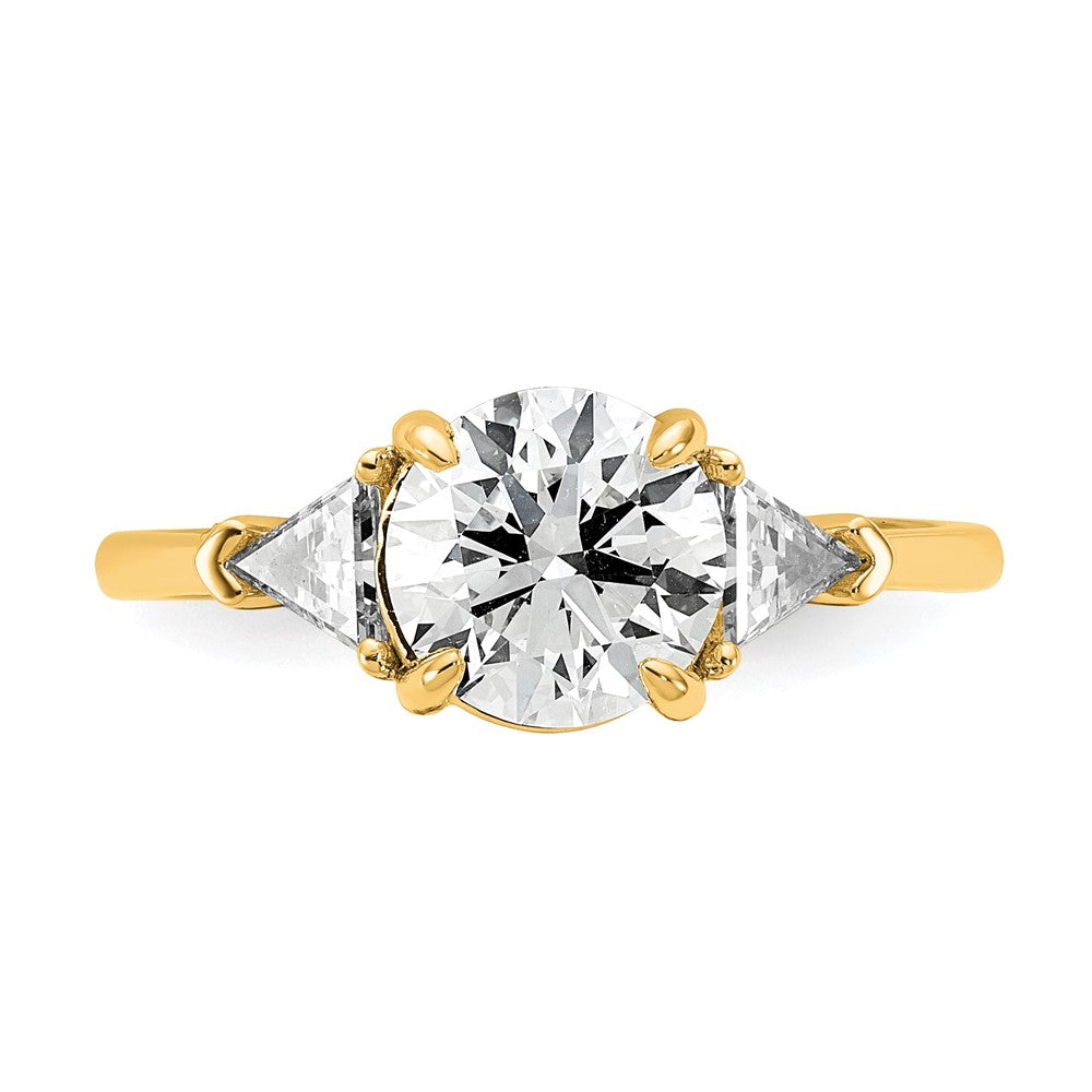 14K Yellow Gold 1/2 carat Lab Grown Diamond VS+ F+ Triangle 1 1/2 carat Round Semi Mount Three Stone Engagement Ring