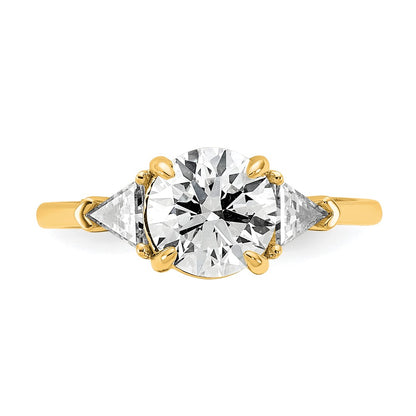 14K Yellow Gold 1/2 carat Lab Grown Diamond VS+ F+ Triangle 1 1/2 carat Round Semi Mount Three Stone Engagement Ring