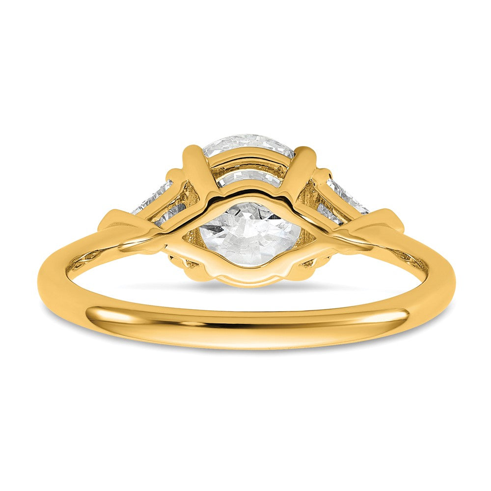14K Yellow Gold 1/2 carat Lab Grown Diamond VS+ F+ Triangle 1 1/2 carat Round Semi Mount Three Stone Engagement Ring
