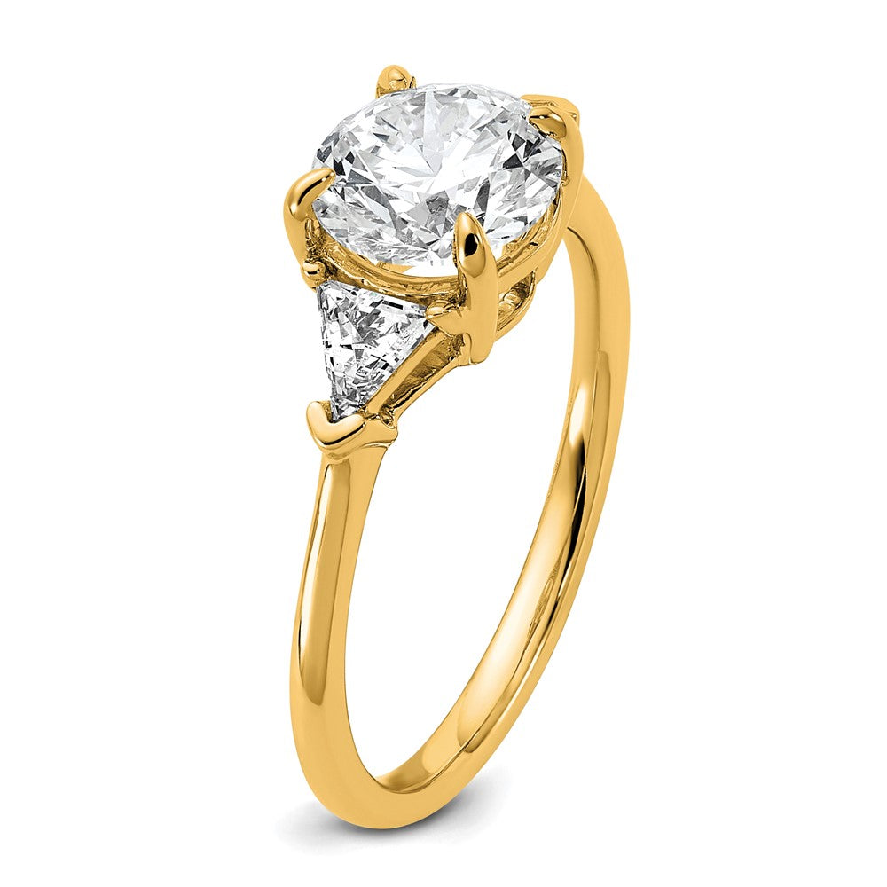 14K Yellow Gold 1/2 carat Lab Grown Diamond VS+ F+ Triangle 1 1/2 carat Round Semi Mount Three Stone Engagement Ring