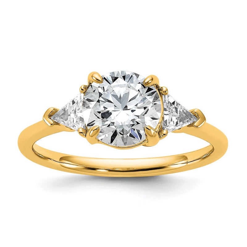 14K Yellow Gold 1/2 carat Lab Grown Diamond VS+ F+ Triangle 1 1/2 carat Round Semi Mount Three Stone Engagement Ring