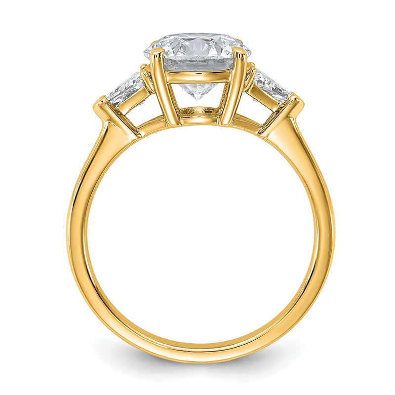 14K Yellow Gold 1/2 carat Lab Grown Diamond VS+ F+ Triangle 2 carat Round Semi Mount Three Stone Engagement Ring
