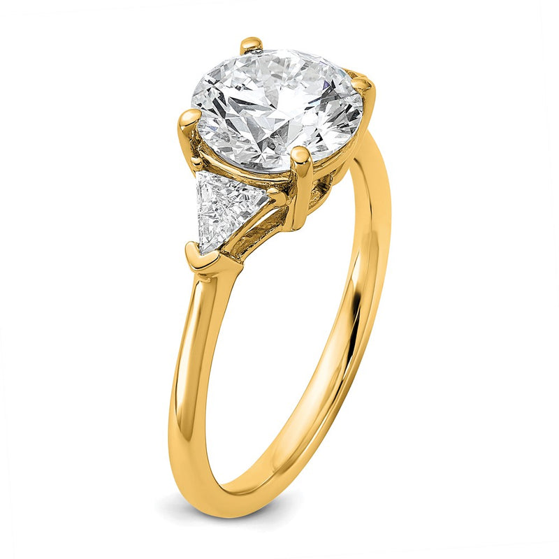 14K Yellow Gold 2 1/2 carat Certified Lab Grown Diamond VS+ F+ Round and Triangle Complete Three Stone Engagement Ring
