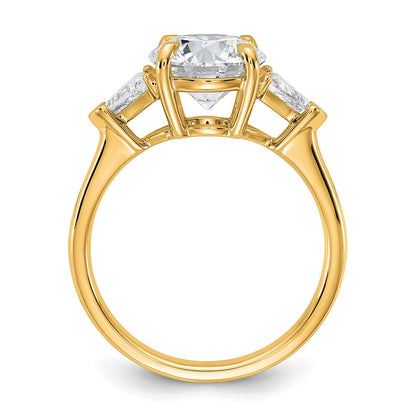 14K Yellow Gold 5/8 carat Lab Grown Diamond VS+ F+ Triangle 2 1/2 carat Round Semi Mount Three Stone Engagement Ring