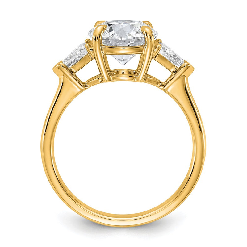 14K Yellow Gold 5/8 carat Lab Grown Diamond VS+ F+ Triangle 2 1/2 carat Round Semi Mount Three Stone Engagement Ring