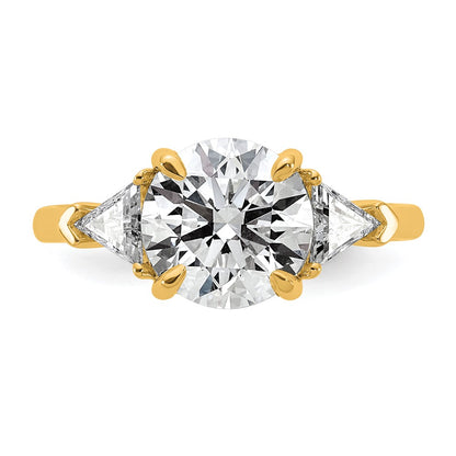 14K Yellow Gold 5/8 carat Lab Grown Diamond VS/SI+ G+ Triangle 2 1/2 carat Round Semi Mount Three Stone Engagement Ring