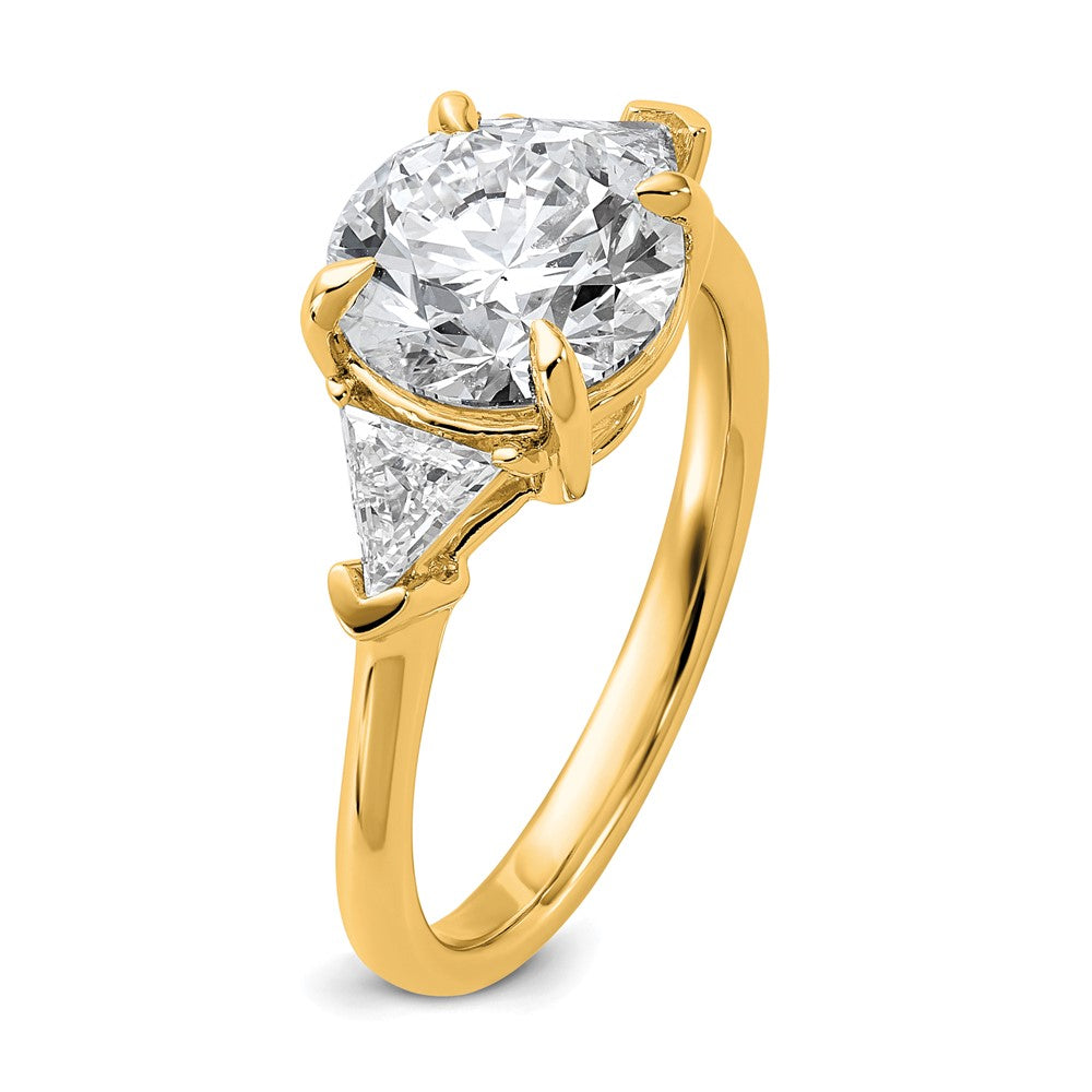 14K Yellow Gold 5/8 carat Lab Grown Diamond VS+ F+ Triangle 2 1/2 carat Round Semi Mount Three Stone Engagement Ring