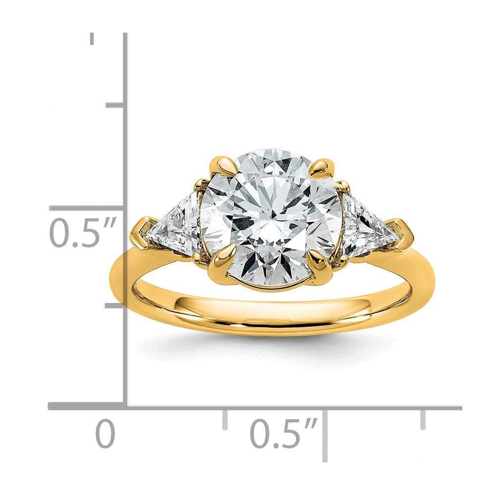 14K Yellow Gold 5/8 carat Lab Grown Diamond VS/SI+ G+ Triangle 2 1/2 carat Round Semi Mount Three Stone Engagement Ring
