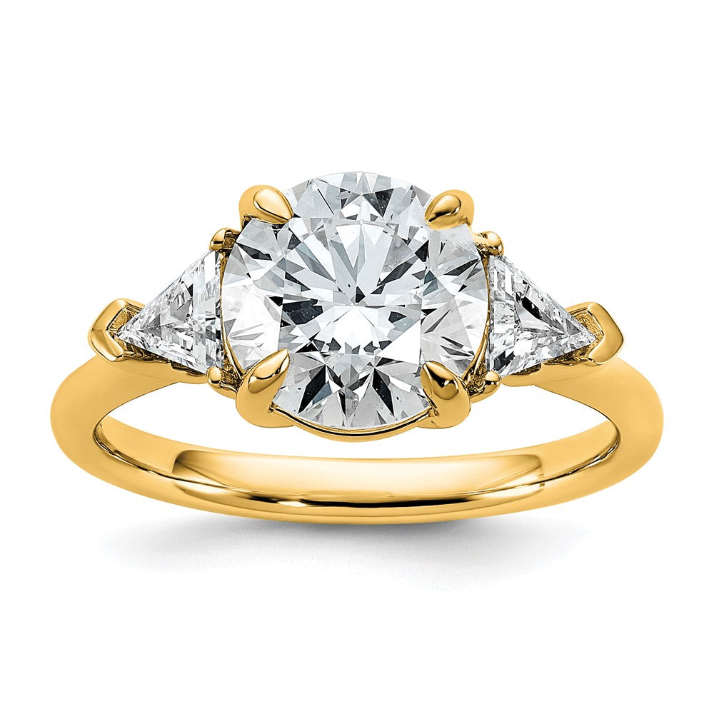 14K Yellow Gold 5/8 carat Lab Grown Diamond VS/SI+ G+ Triangle 2 1/2 carat Round Semi Mount Three Stone Engagement Ring