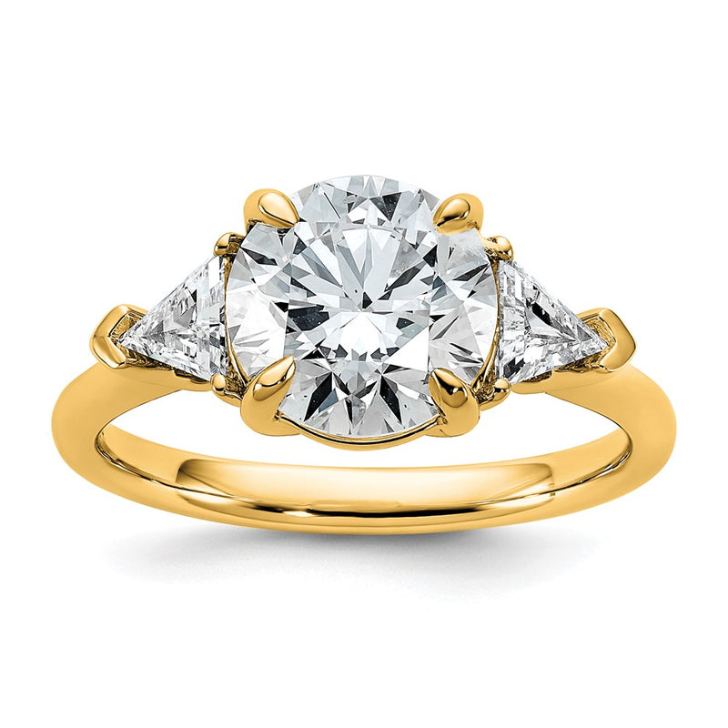 14K Yellow Gold 5/8 carat Lab Grown Diamond VS/SI+ G+ Triangle 2 1/2 carat Round Semi Mount Three Stone Engagement Ring
